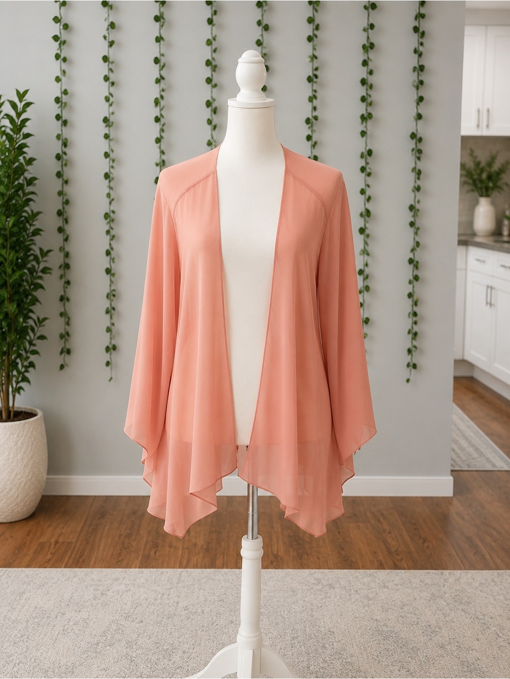 Chiffon Peach Open-Front Kimono Cardigan